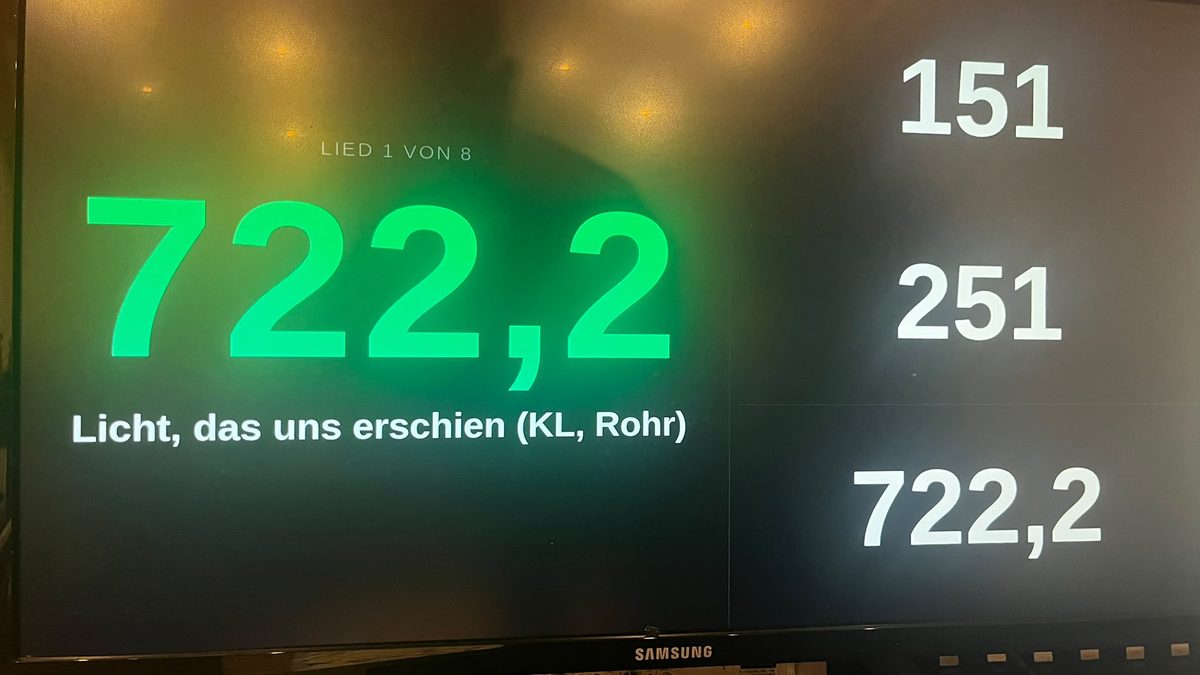 Nahaufnahme des Fernsehers: Liednummer 722,2 groß in Grün mit Titel, rechts die Nummern 151, 251 und 722,2